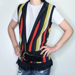 Vintage knit sweater vest cardigan hippie 70's red black stripe open front